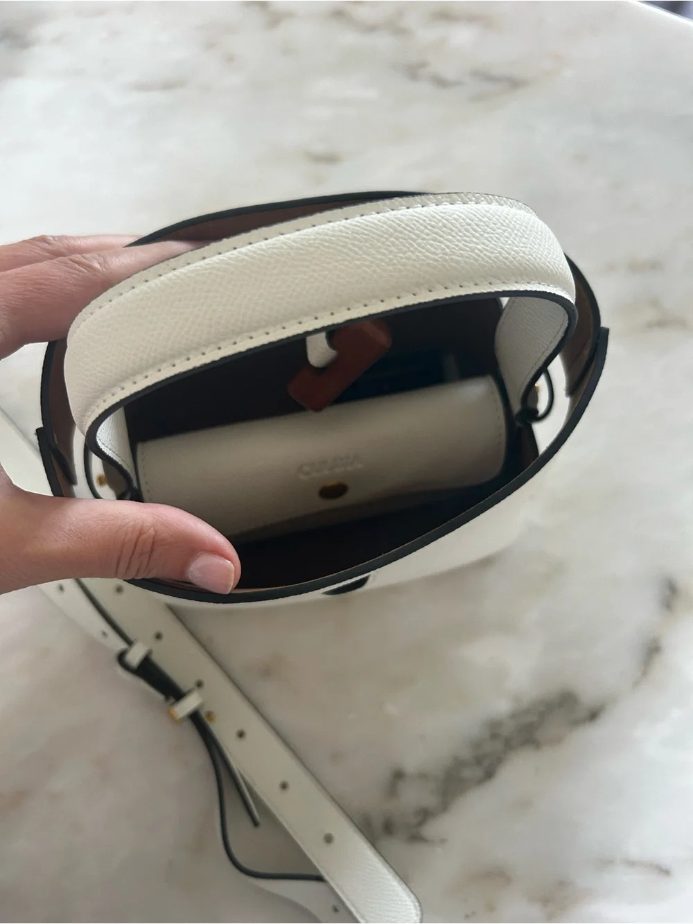 Cream Leather Top-Handle Tote with Brown Accent